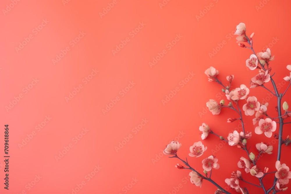 Poster a branch of a tree with pink flowers on an orange background with a place for a text or a picture.
