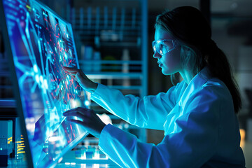 female scientist works on dna and a molecular genetic instrument, demonstrates a holographic presentation