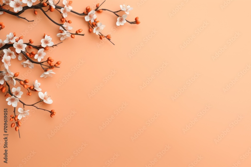 Poster a branch of a flowering tree with white flowers on an orange background with copy - space for text o