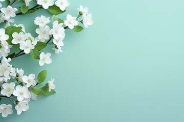  a bunch of white flowers with green leaves on a light blue background with a place for a text or image.