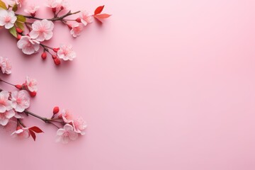  a pink background with a branch of cherry blossoms on the left and a pink background with a branch of cherry blossoms on the right.