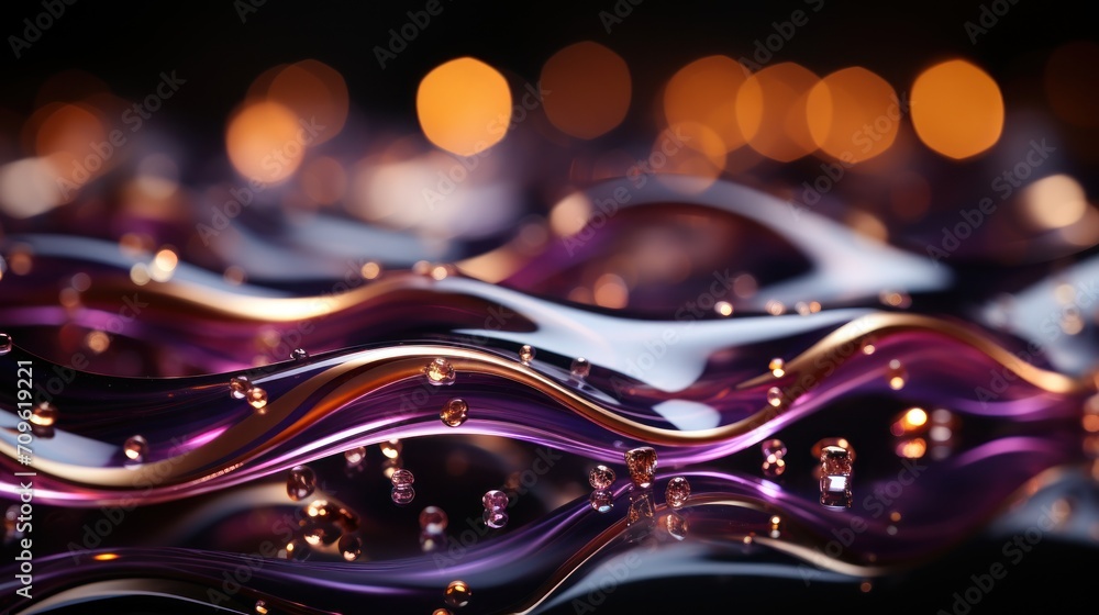 Poster a close up of a shiny surface with a blurry image of lights in the background and a blurry image of 