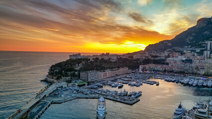 Montecarlo. Aerial view of Monaco skyline at sunset - obrazy, fototapety, plakaty