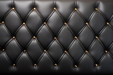  a close up of a black leather upholster with gold rivets and a diamond pattern on it.