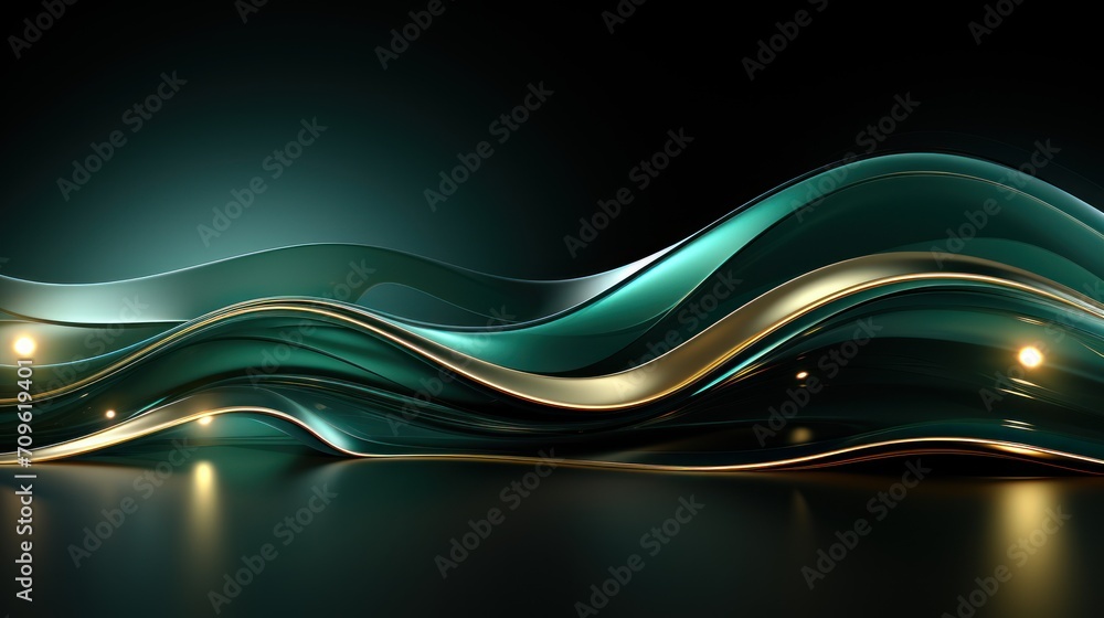 Aufkleber an abstract green and gold background with a wave of light coming out of the top of the wave and a l