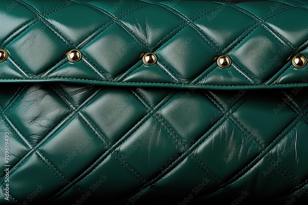 Poster a close up of a green handbag with gold buttons and rivets on the front of the bag.