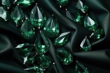  a group of green jewels on a black cloth with a black satin behind it and a black satin behind it.