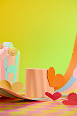 An inviting display unfolds with a podium featuring paper hearts on a vibrant colored strip,...