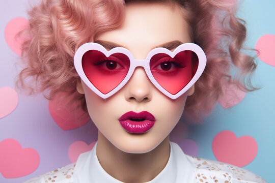 Face of beautiful woman with heart shaped glasses