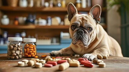 Dog is looking at pet supplements on wooden table - obrazy, fototapety, plakaty