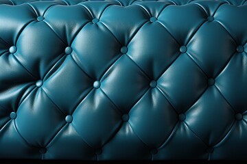  a close up view of a blue leather upholstered couch with buttons on the back of the upholstered couch.