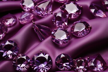  a bunch of purple diamonds sitting on top of a purple satin covered table cloth on top of a purple cloth.