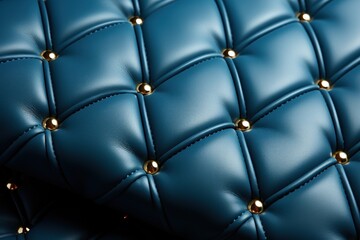  a close up of a blue leather upholster with gold rivets and rivets on it.