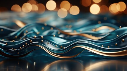  a close up of a blue and gold wave with a lot of blurry lights in the backround. - obrazy, fototapety, plakaty