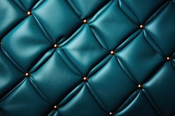  a close up view of a teal leather upholstered with gold rivets and rivets.