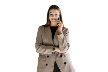 A female employee in a call center, a woman answers a call and talks to a customer. Transparent background.