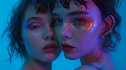 Obraz premium Two female friends illuminated by neon blue light, color of creativity.