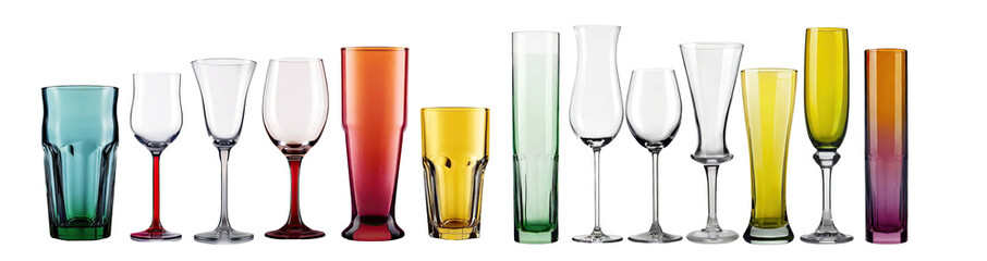 Obraz premium collection of empty glasses, wine, Tumbler, Highball, Hurricane, Mug and cognac glasses , isolated on a transparent background. PNG, cutout, or clipping path. 