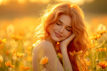 Naklejka premium portrait of a beautiful young girl in the field at sunset, in the summer. Happy Woman Embracing the Day