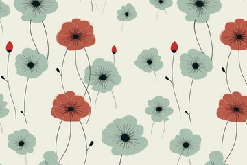 a pattern of red and blue flowers on a white background with black and red stems on a light green background. - obrazy, fototapety, plakaty