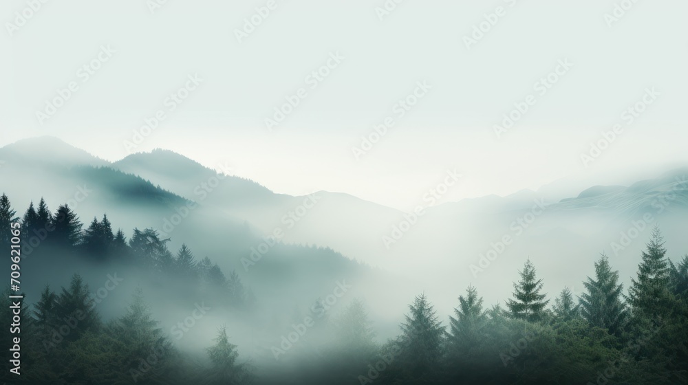 Poster a forest filled with lots of trees on top of a mountain covered in fog and smothered in mist.