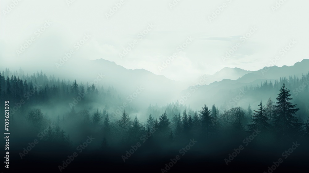 Wall mural a black and white photo of a foggy mountain landscape with pine trees in the foreground and a foggy  - Wall murals