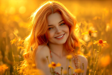 Fototapeta premium portrait of a beautiful young girl in the field at sunset, in the summer. Happy Woman Embracing the Day