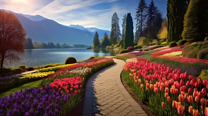 Fotobehang Witness the enchanting landscapes of the Canada Tulip Festival, with families enjoying the picturesque scenes of tulip beds, captured in high definition with vivid colors © Love Mohammad