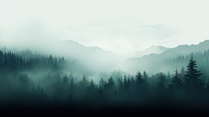  a black and white photo of a foggy mountain landscape with pine trees in the foreground and a foggy sky in the background. - obrazy, fototapety, plakaty