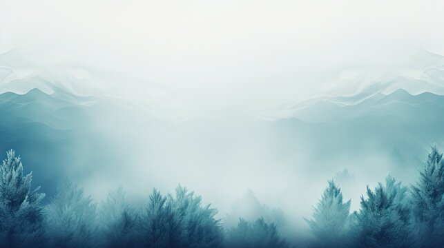  a blurry photo of a forest with mountains in the background and a foggy sky in the foreground.