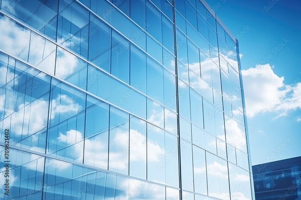 Poster the reflection of a building in the glass windows of another building with a blue sky and clouds in 