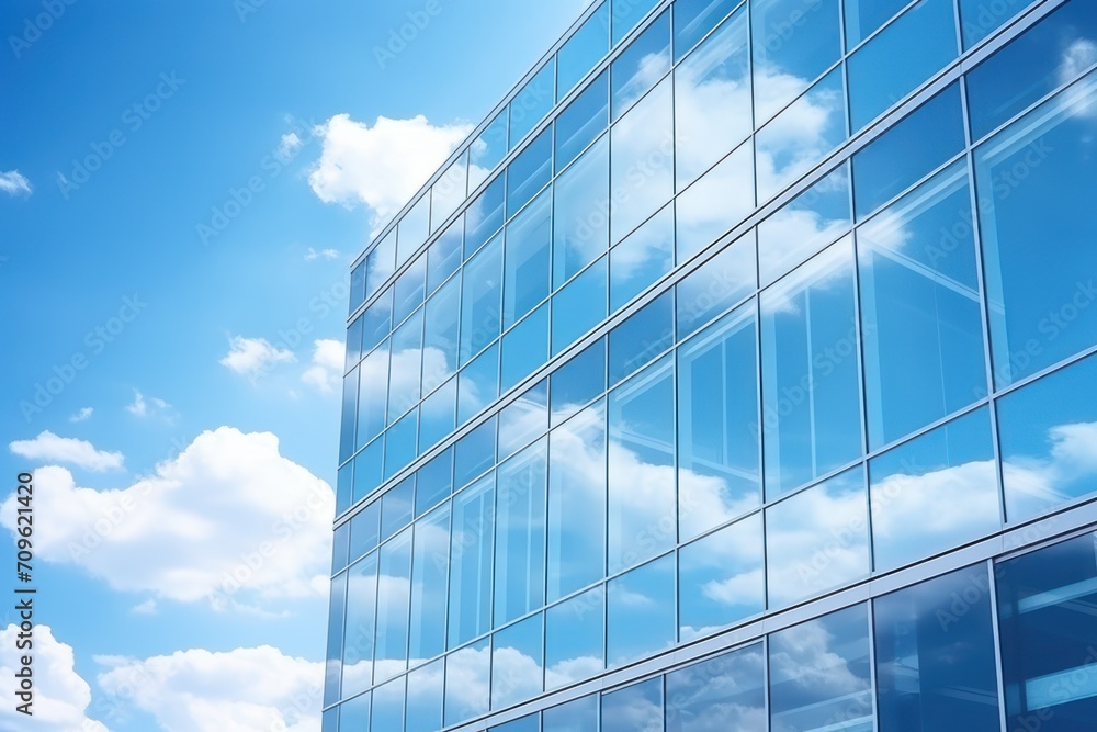 Poster a very tall building with a lot of windows and a blue sky with a few clouds in front of it.