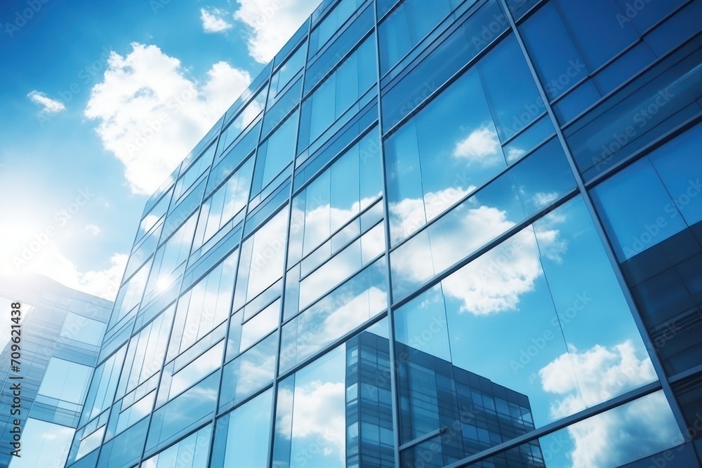 Poster a very tall building with a lot of windows and a blue sky with clouds in the reflection of the windo