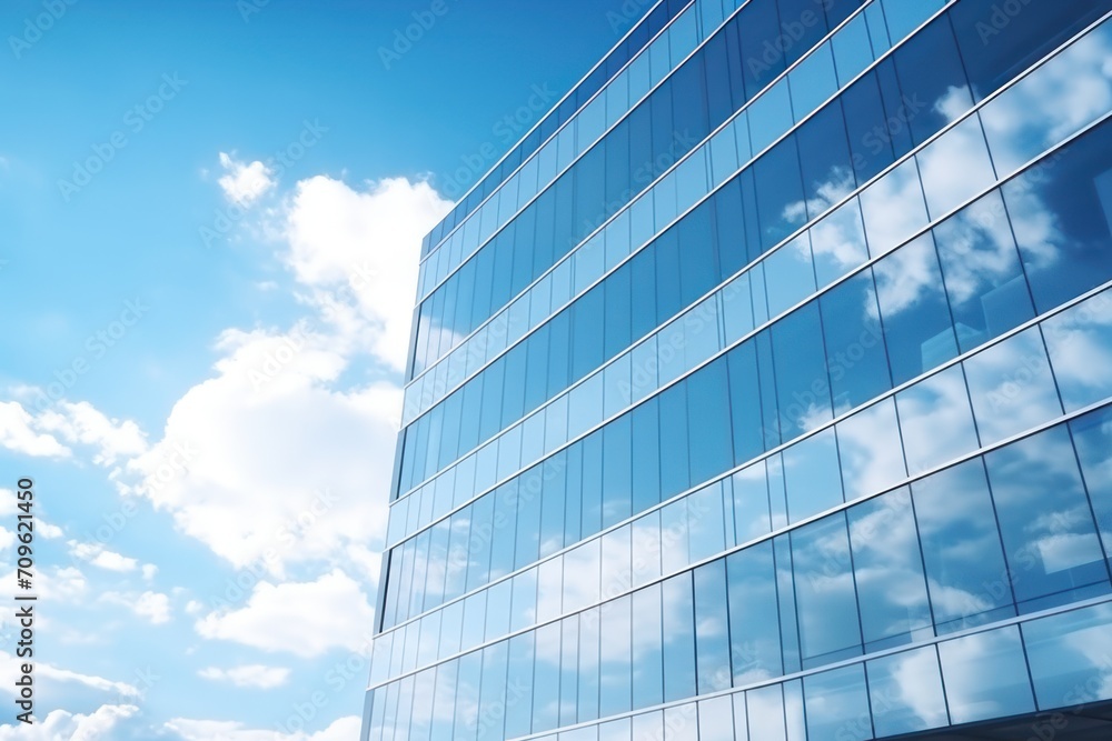Poster a very tall building with a lot of windows and a blue sky with clouds in the reflection of the windo