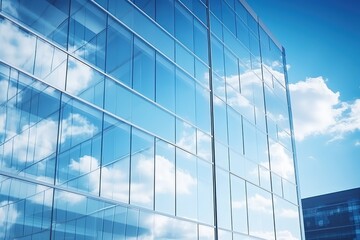 the reflection of a building in the glass windows of another building with a blue sky and clouds in the background.