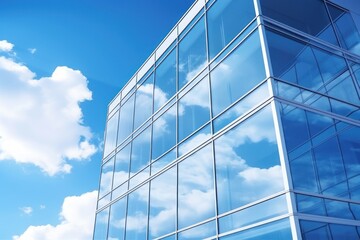  a tall glass building with a blue sky and clouds in the reflection of the glass on the side of the building.
