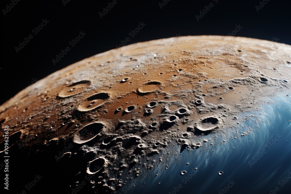 Poster a close up view of the surface of a moon with drops of water on the surface of the moon's surface.