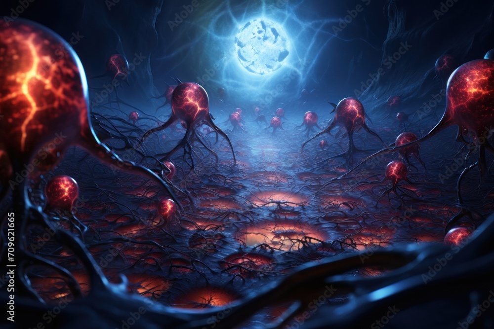 Poster an image of a group of strange creatures in a dark place with a full moon in the sky in the backgrou