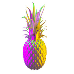 Metallic glossy pineapple model isolated in neon light. 3d rendering