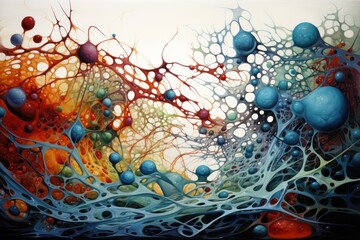  a painting of a tree filled with lots of blue and red balls of liquid floating on top of each other.