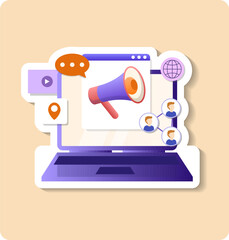 Social promotion sticker illustration. Loudspeaker, laptop, people, location, speech bubble. Editable vector graphic design.