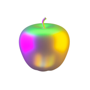 Metallic glossy apple model isolated in neon light. 3d rendering