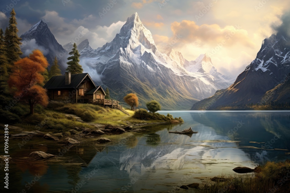 Poster a painting of a mountain lake with a house in the foreground and a mountain range in the background 