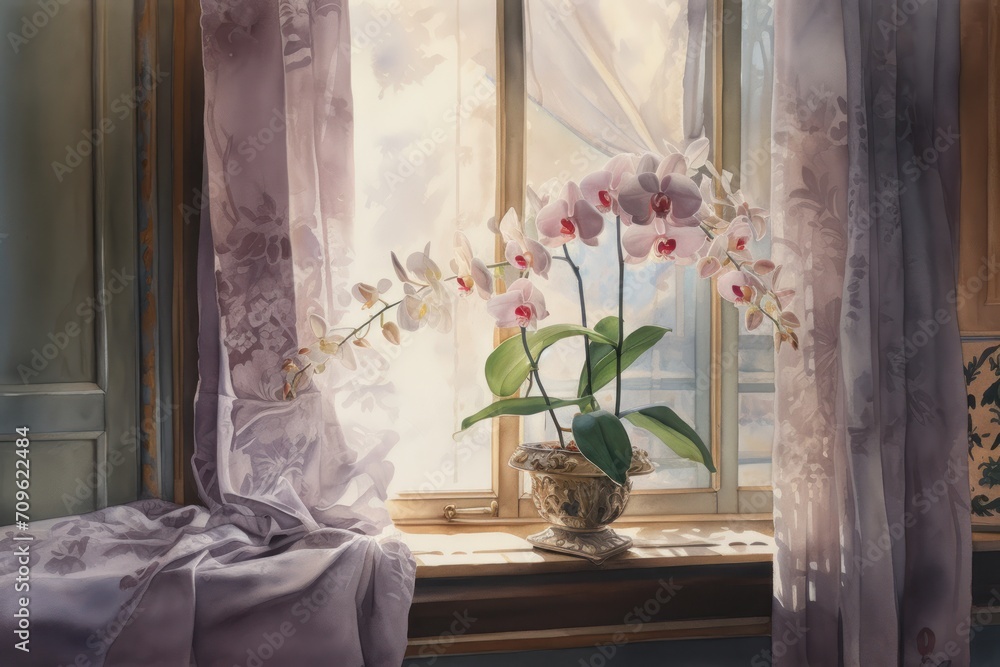 Poster a painting of a vase of flowers on a window sill in front of a window with sheer drapes.