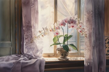 a painting of a vase of flowers on a window sill in front of a window with sheer drapes.