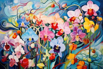  a painting of a bunch of flowers on a blue and white background with red, yellow, orange, and blue colors.