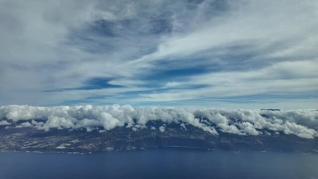Real time approach to Tenerife North airport, as seen by the pilots with a clouded sky over the dangerous airport. A pilots&rsquo; perspective. canary Islands, Spain.