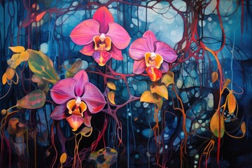  a painting of pink and yellow orchids on a dark blue background with bubbles of light coming from the top of the flowers.