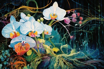  a painting of blue and white orchids on a black background with swirls and bubbles in the foreground.