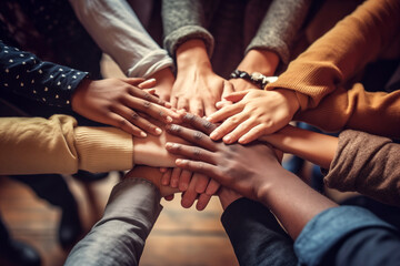 Group of young people holding hands together. Teamwork concept. Close up.